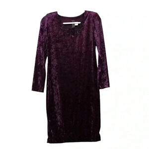 Vintage 90s Purple Crushed Velvet Dress Size 8P Witchy Whimsy Goth Lace Beaded